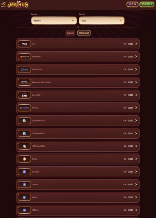Système retraits instantanés bancaires Magius Casino